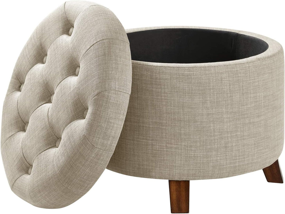 Open ottoman with removable tufted lid beside it revealing the interior storage