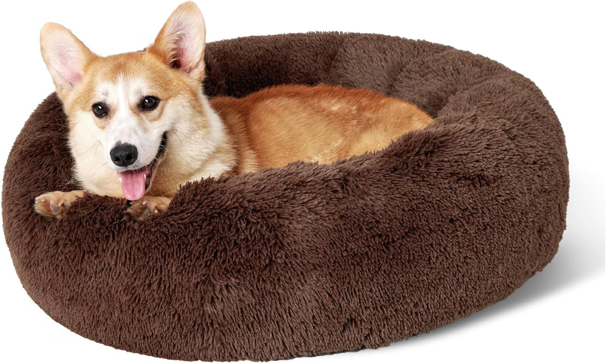 Brown round faux-fur donut bed with a happy corgi lying inside on a white background