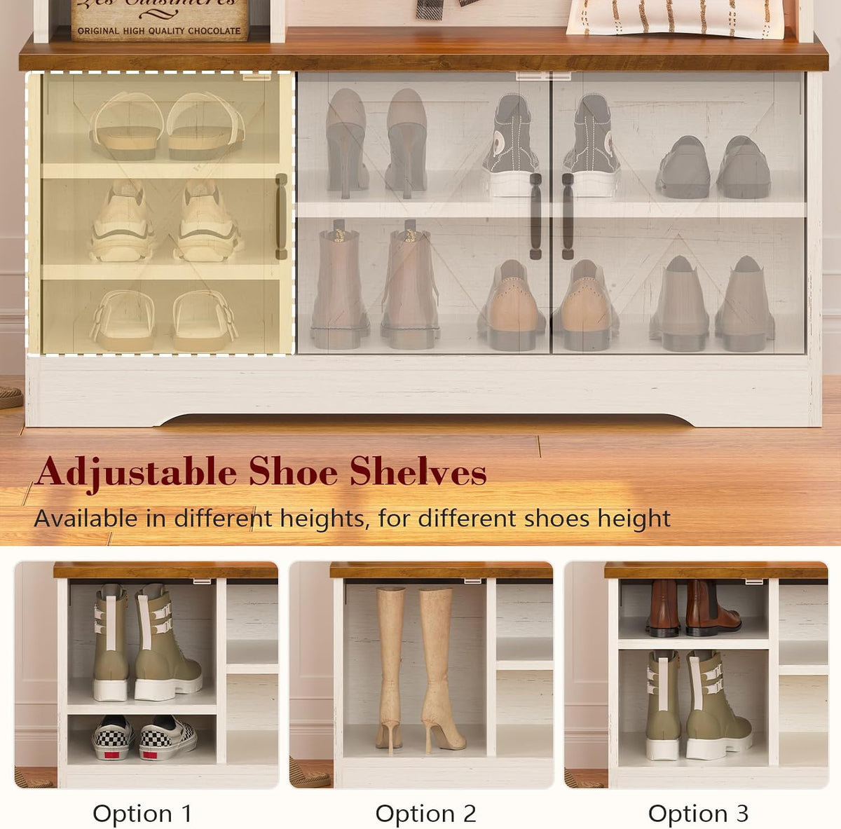 Close-up of lower cabinet showing adjustable shoe shelves and interior three-door storage with shelves