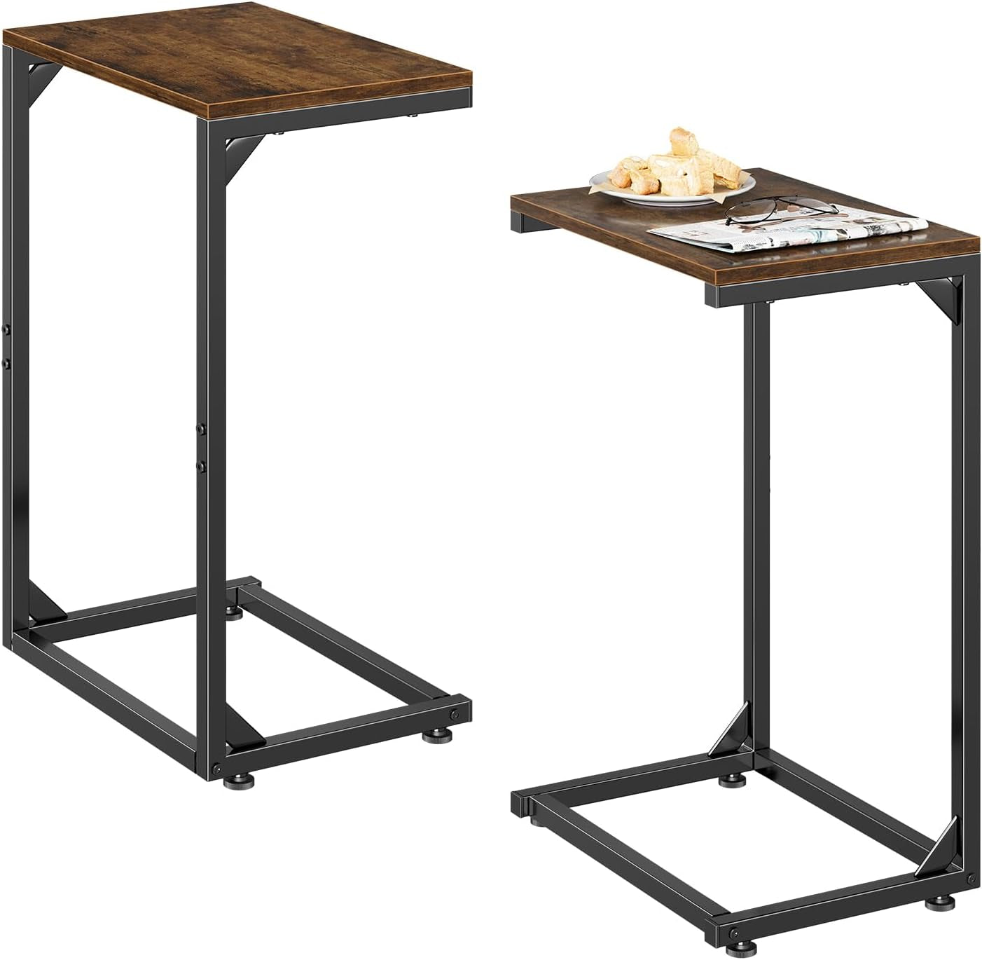 Pair of C-tables from different angles, one topped with a plate and reading glasses to show scale