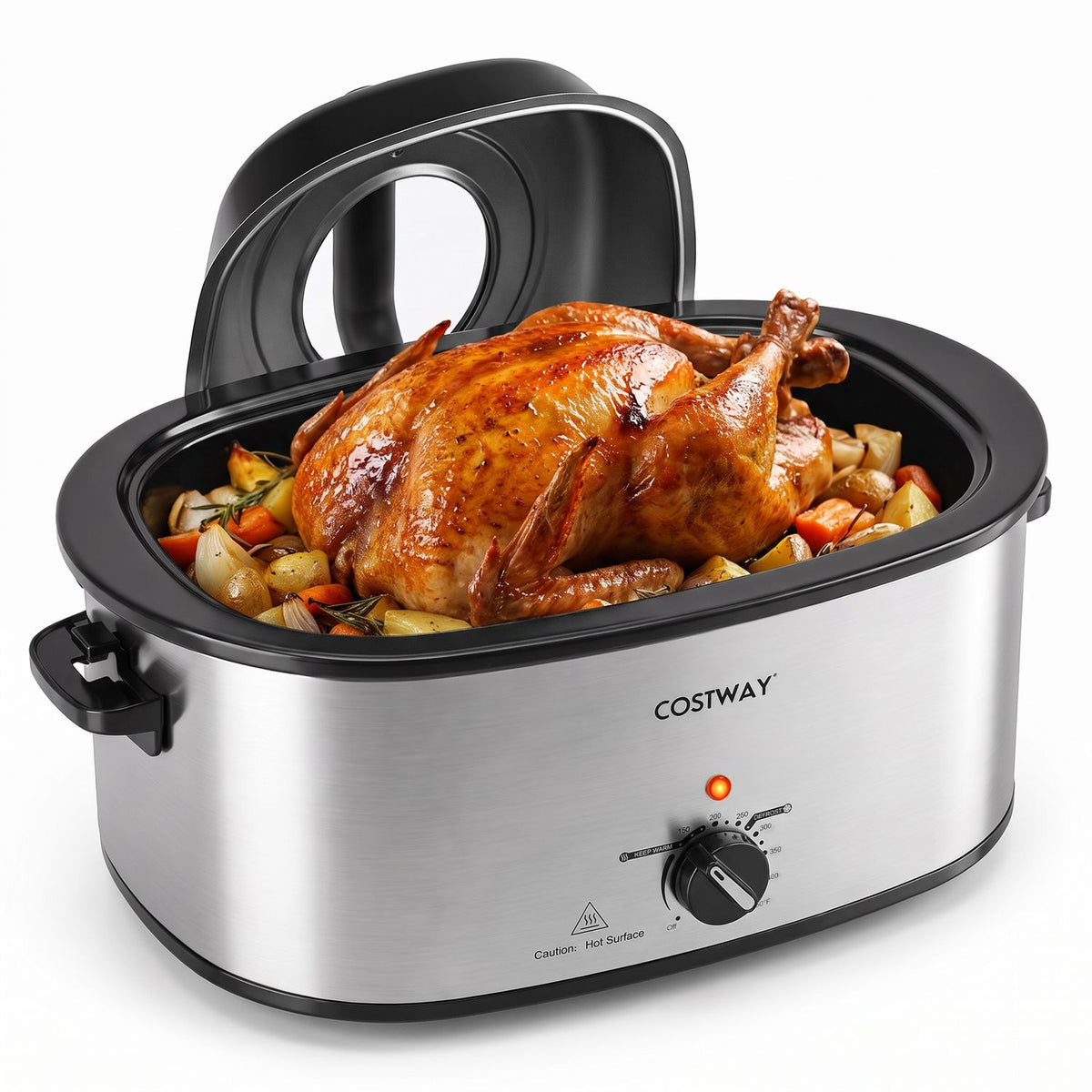Silver electric roaster with its lid raised and a browned turkey surrounded by vegetables.