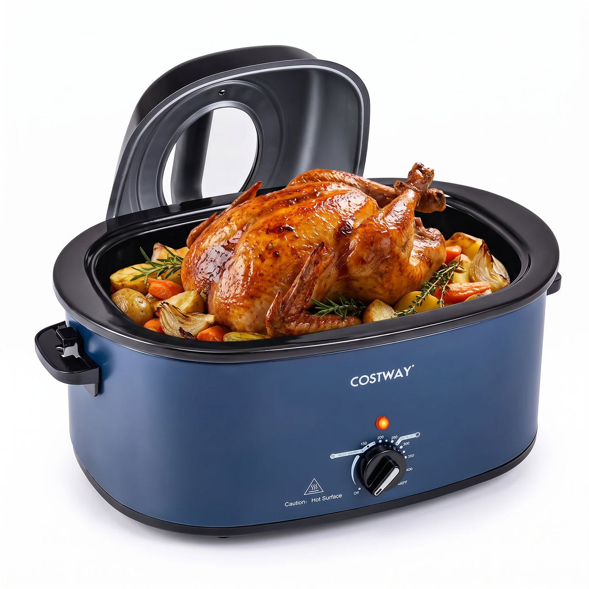 Blue electric roaster with its lid open, displaying a browned turkey and vegetables inside.