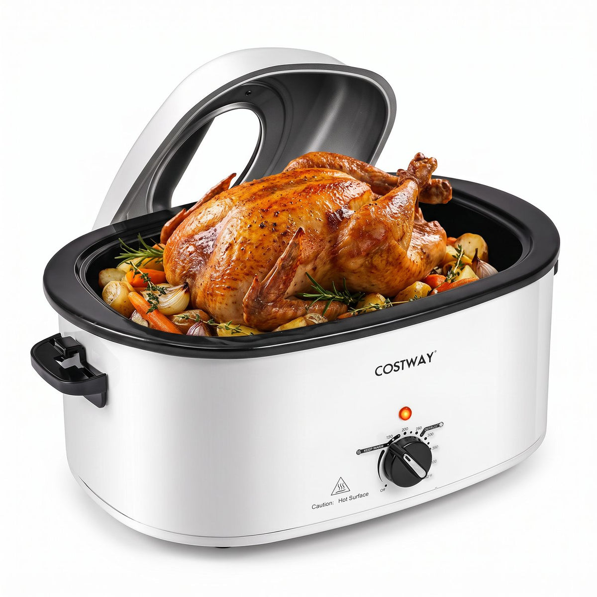 White electric roaster with its lid open around a browned turkey and vegetables.