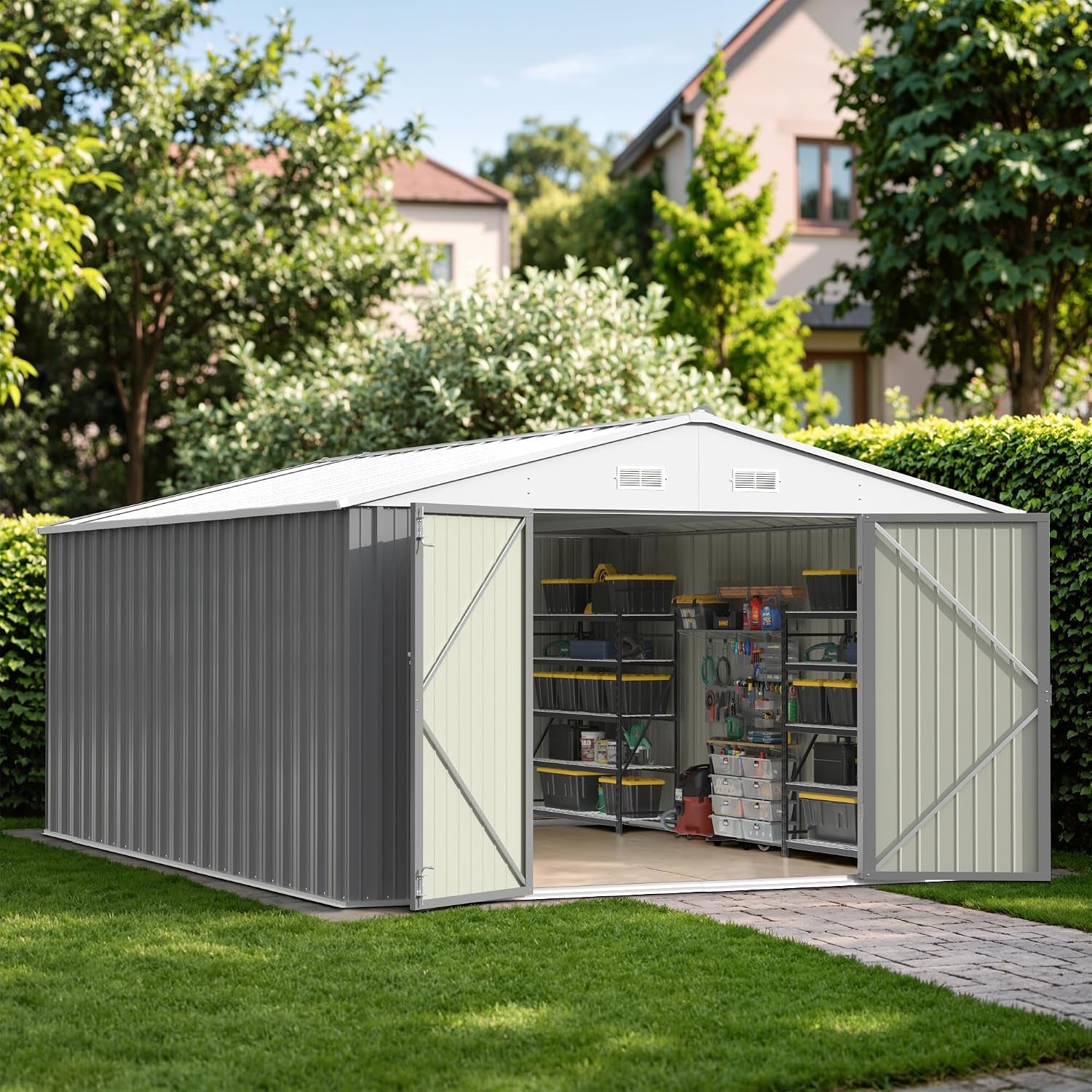 Open shed filled with shelving, storage bins and tools visible inside, photographed from front-right.