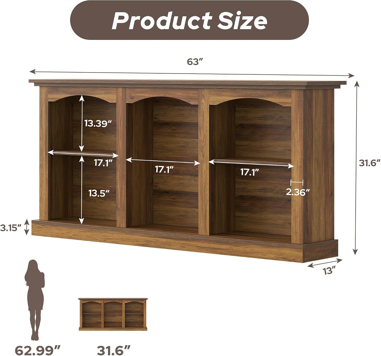 Dimension diagram of the 63-inch console table with labeled overall width, height, depth and internal shelf measurements