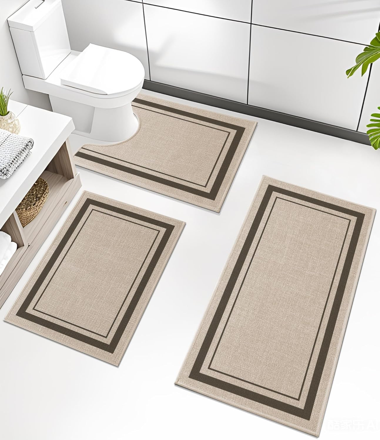 Overhead view of a bathroom with three beige mats arranged around a toilet and vanity on a white floor.