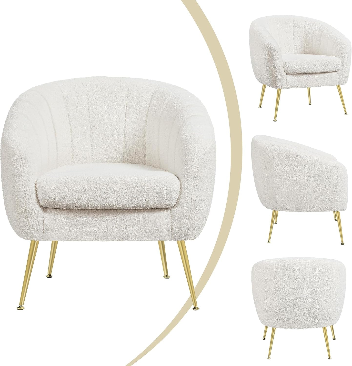 Front, side and back views of an ivory bouclé barrel chair with gold tapered legs