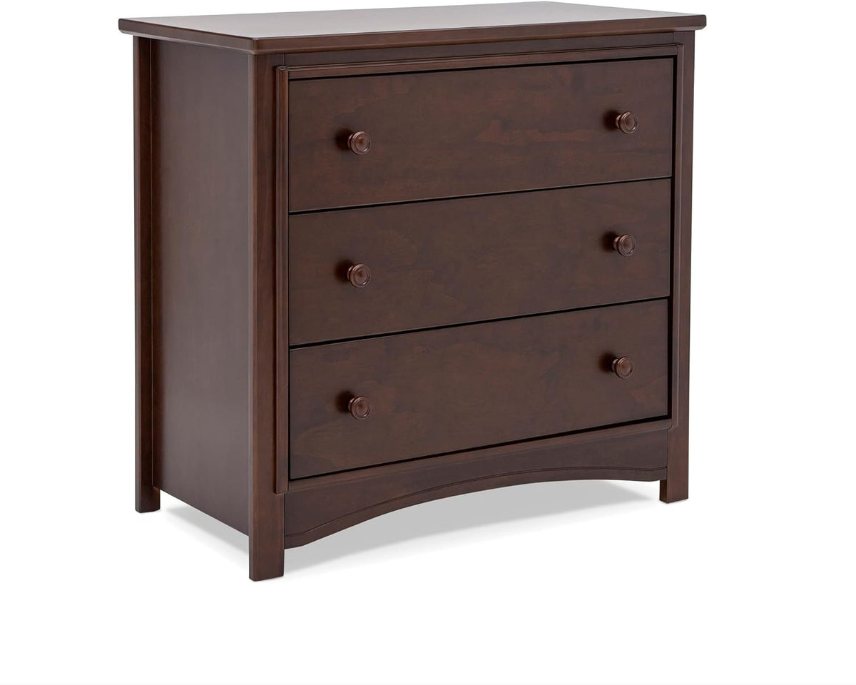 Side-angle view of the same walnut dresser showing paneled sides, three drawers, and curved lower apron.