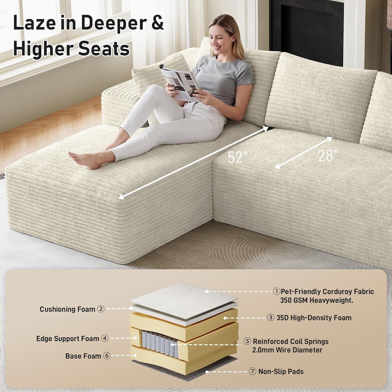 Woman reclining on the chaise of the sectional with a layered cutaway diagram of the seat foam construction below.