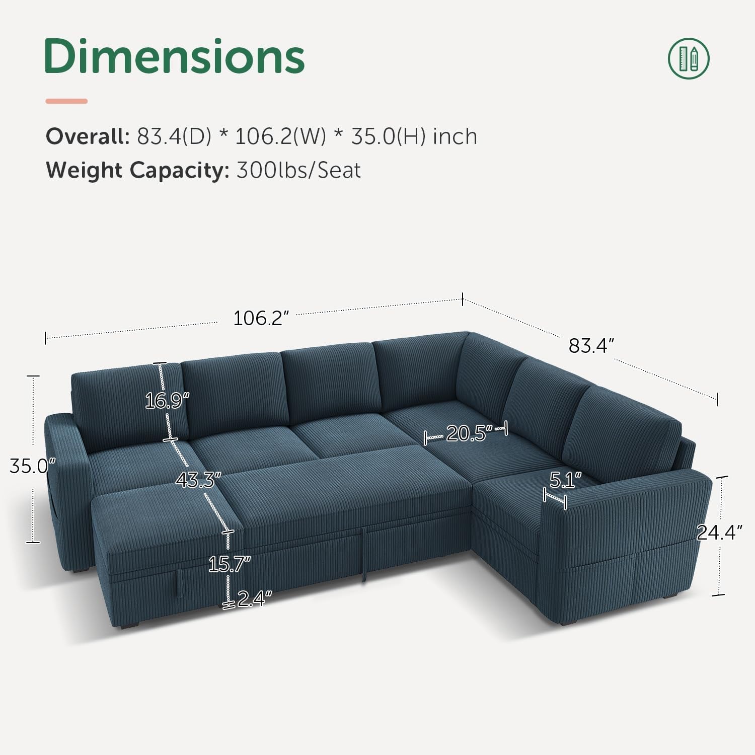 Modular Sectional Sleeper Sofa, Corduroy Sleeper Pull-Out Bed Couch with Storage, U Shaped Sectional Couches for Living Room, Blue