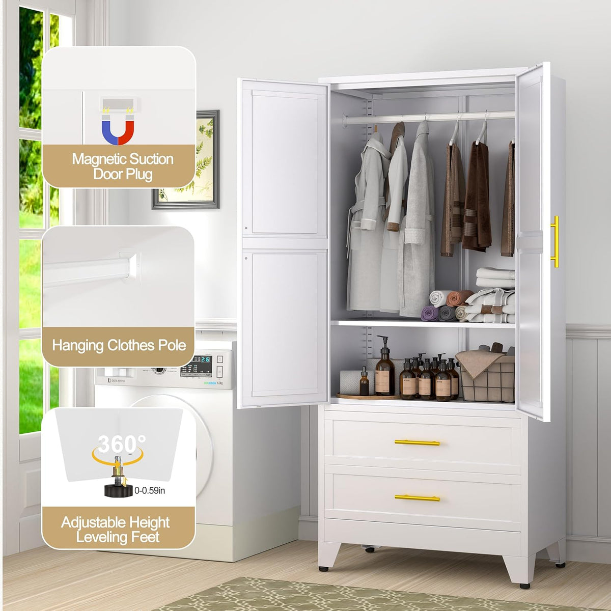 Open white wardrobe with callouts for magnetic door plug, hanging clothes pole and adjustable leveling feet in a laundry-room