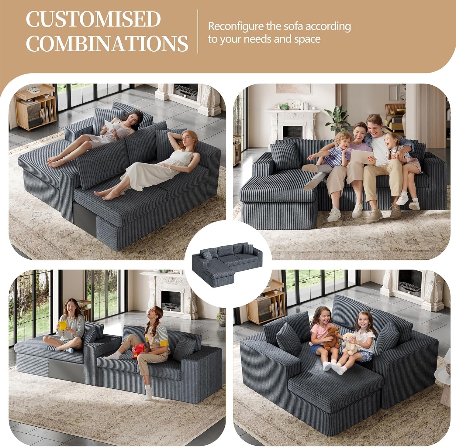 105" Boneless Couches for Living Room,Sectional Couches Modular Sofa with L-Shaped Chaise, Memory Foam Comfy Cloud Couch with Plush Corduroy Fabric, No Assembly Required, (Dark Grey)