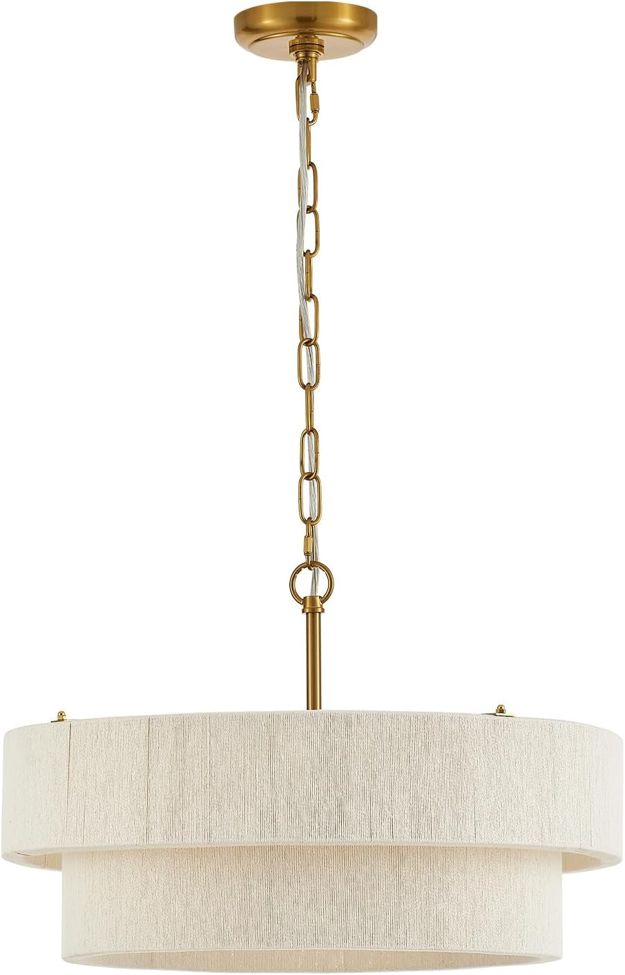 Close-up of the pendant's gold ceiling canopy, chain and top of a textured white drum shade