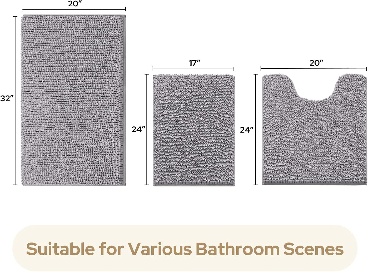 Dimension diagram of three grey rugs showing 17x24 small rug, 20x24 U-shaped rug and 20x32 larger rectangular rug
