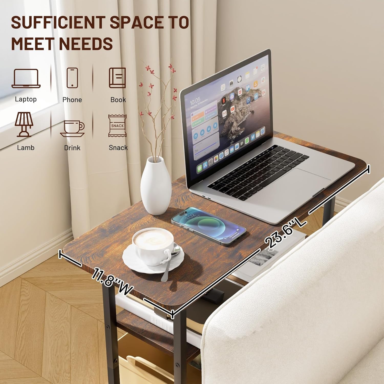 Top-down view of wood tabletop with laptop and cup showing 23.6" x 11.8" usable surface