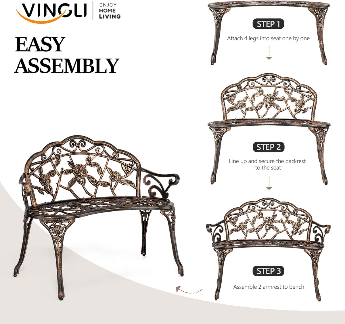 Assembly layout showing bench legs, seat and backrest with step-by-step placement illustrations