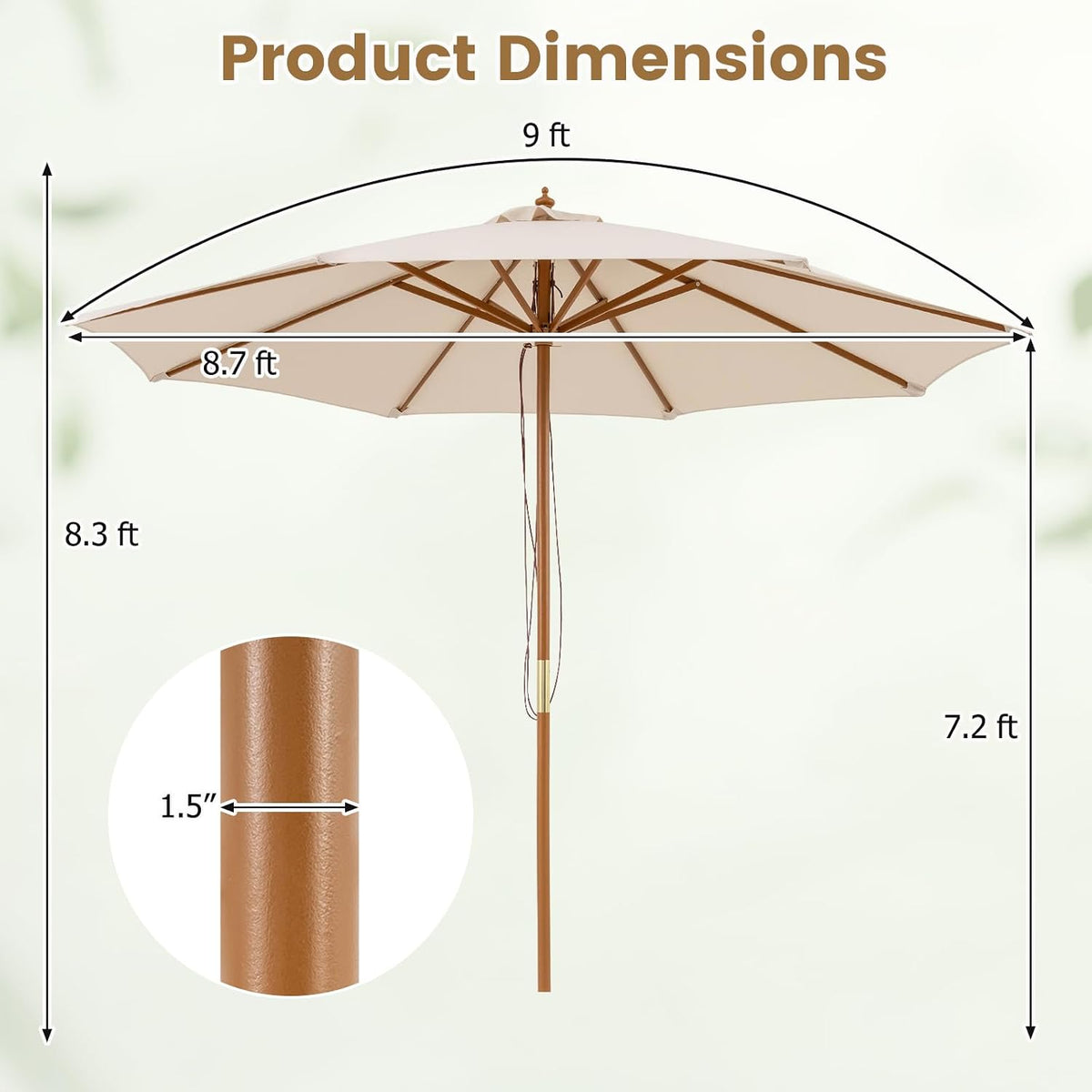 Front-facing product diagram showing umbrella width and height lines and a close-up of the pole diameter.