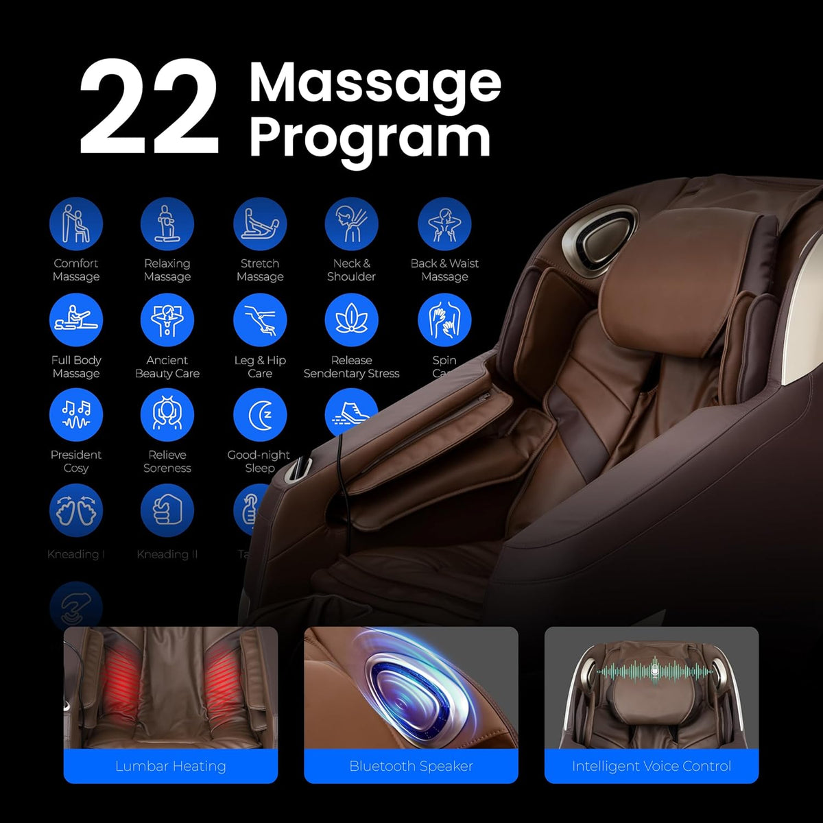 Close-up brown massage chair at right with a grid of blue program icons on black background and three small feature tiles
