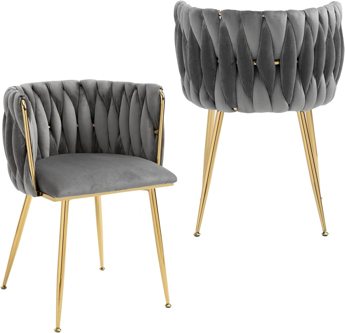Two gray velvet dining chairs with braided backs and gold metal legs shown from front and rear.