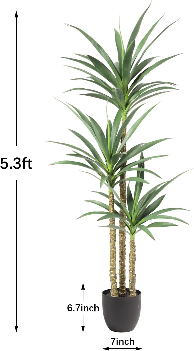 Artificial agave tree on white background with dimensions overlay indicating 5.3 ft height and pot measurements