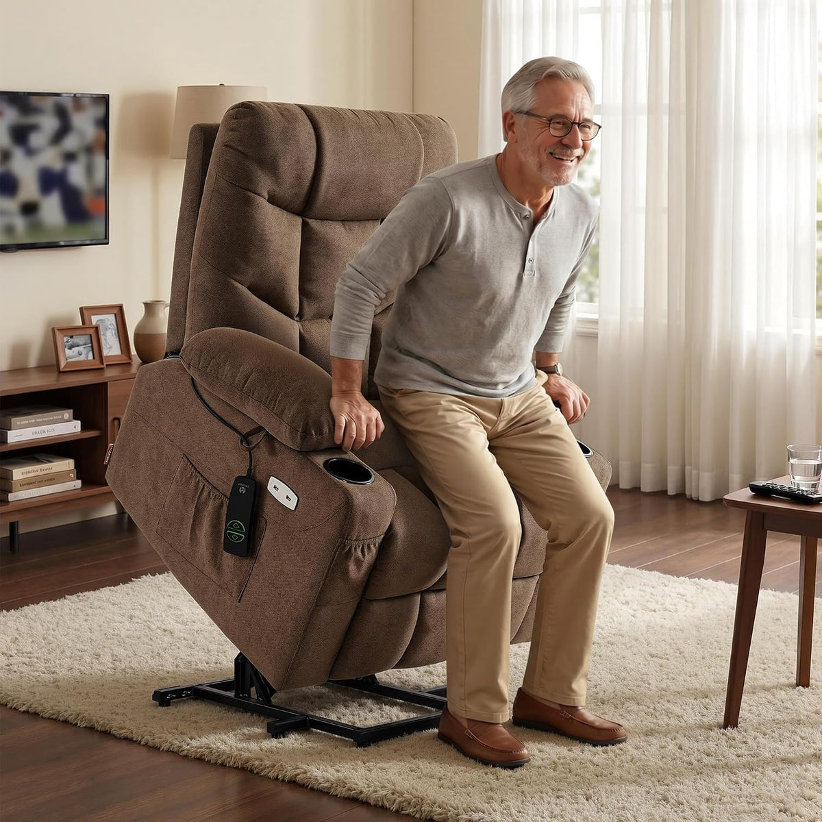 Person using brown lift recliner in partially raised position near a window, side view
