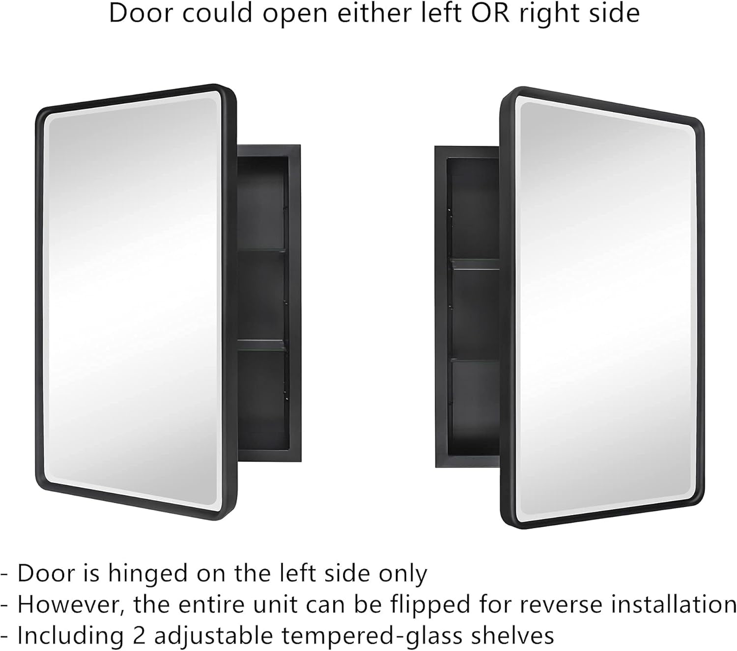 Two views showing the door opening left or right after flipping the unit, with tempered glass shelves visible inside