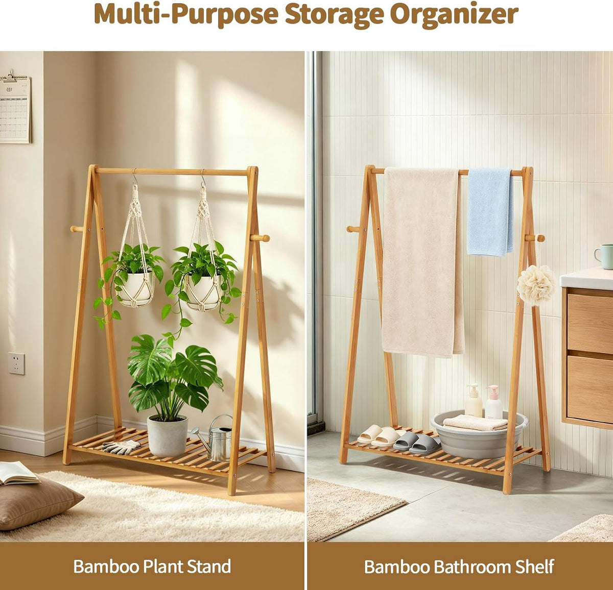Two side-by-side scenes showing the bamboo rack used as a plant stand on left and a bathroom towel shelf on right.