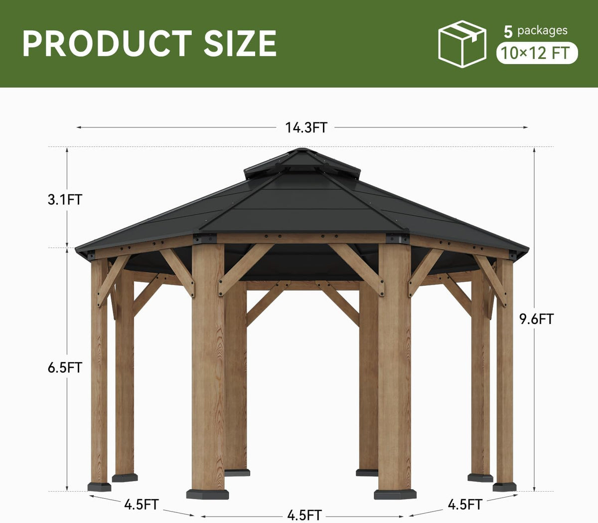 Front diagram of the gazebo showing dimensions, post spacing and black roof panel layout