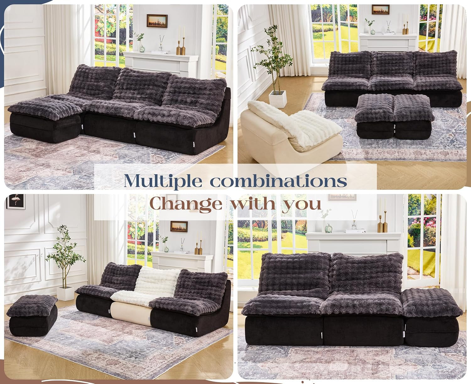 Four-photo collage showing multiple modular arrangements of the floor sofa and ottoman in a bright room.