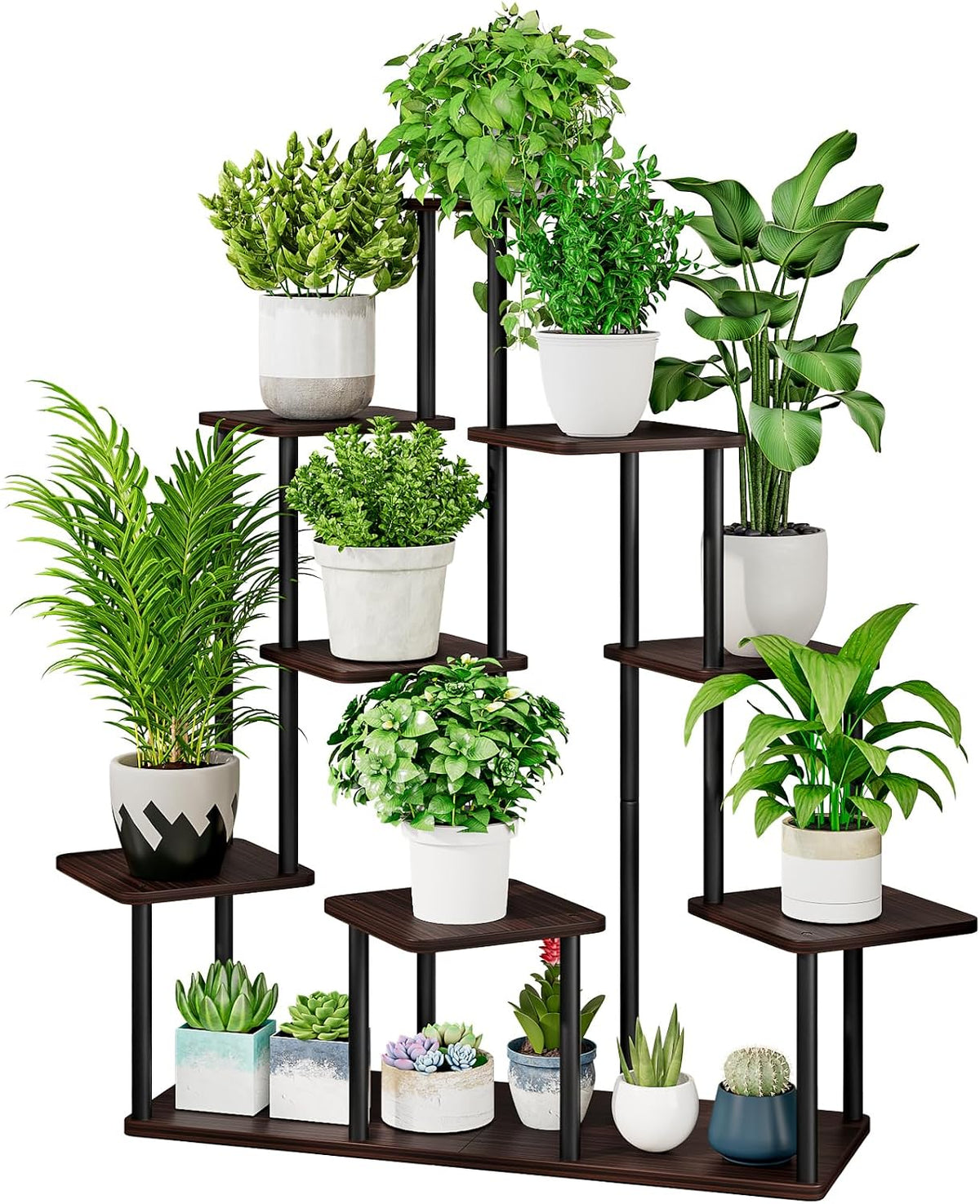 Wide front view showing many potted plants arranged across all five tiers on dark wood shelves