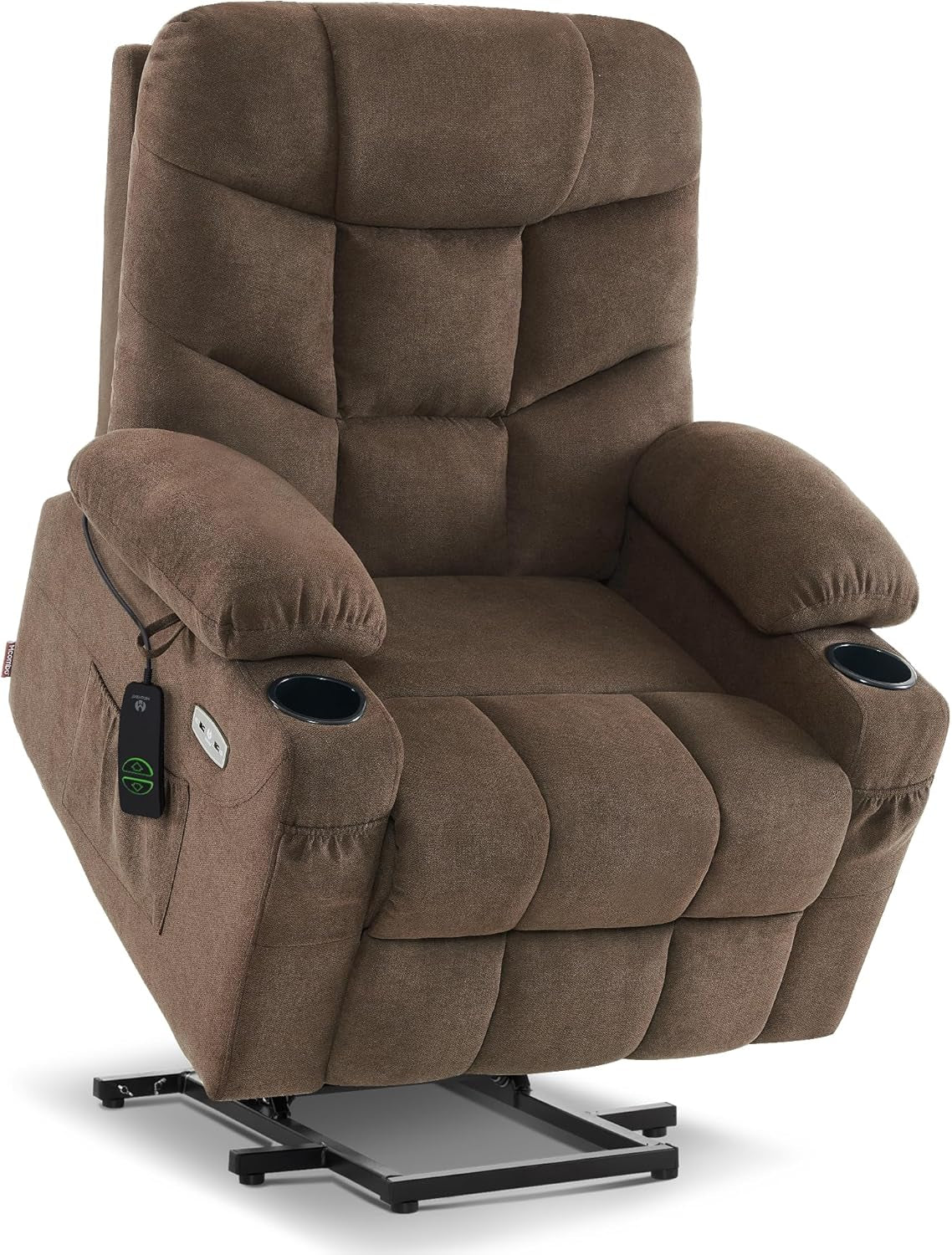 Brown fabric power lift recliner angled front view on a white background showing cup holders and side remote