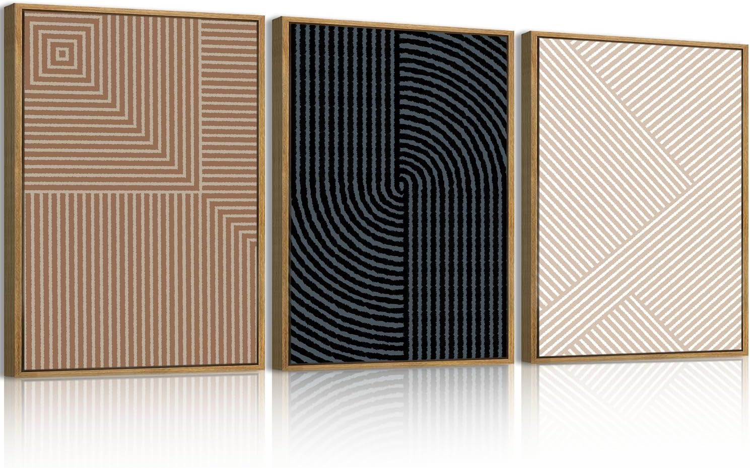 Three tall framed panels with bold striped geometric patterns in wood frames standing side by side.