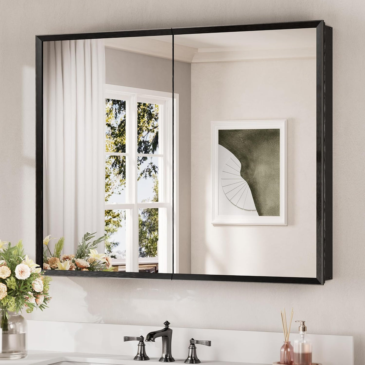 Black-framed two-door mirrored cabinet hung over a double-sink vanity.