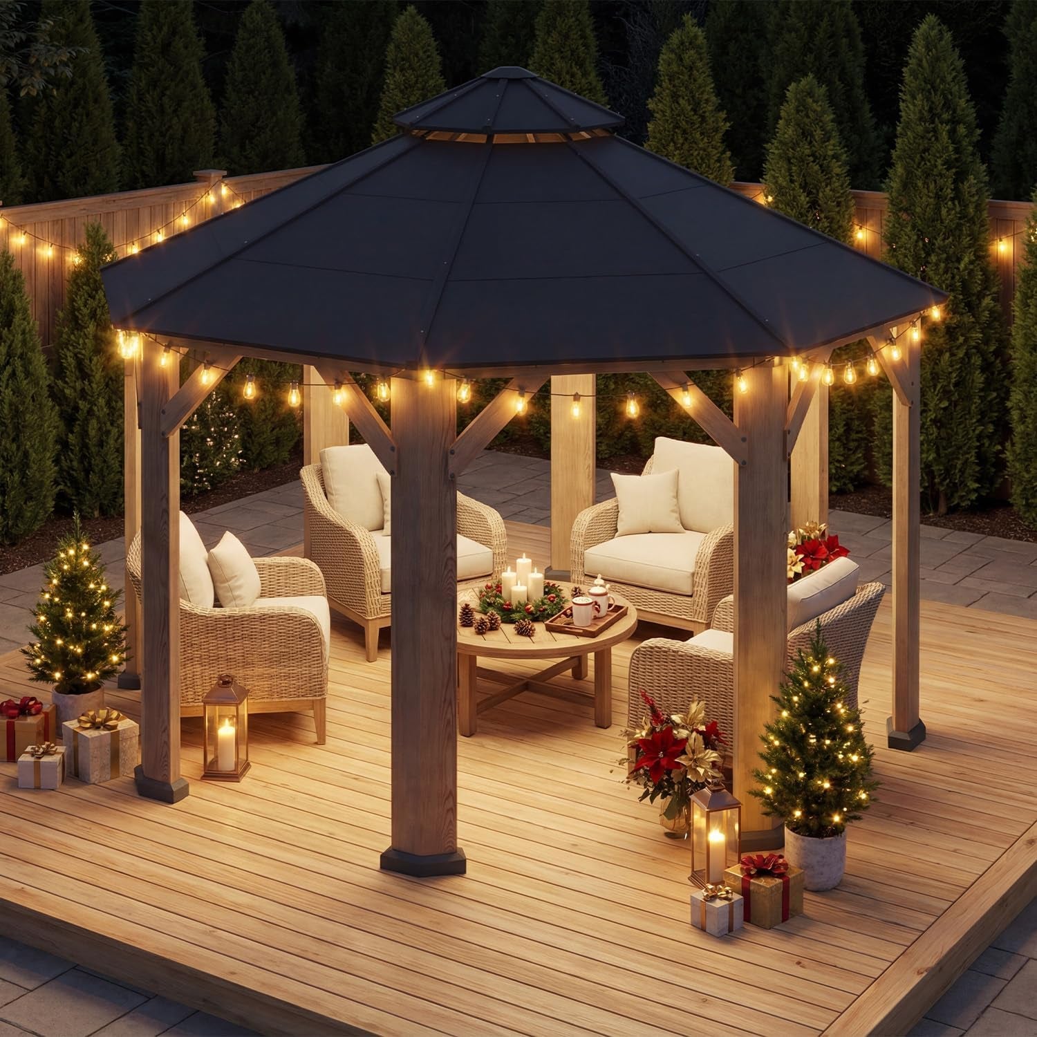 Evening view of the gazebo on a raised wooden deck lit by string lights, lanterns, and small decorated trees.
