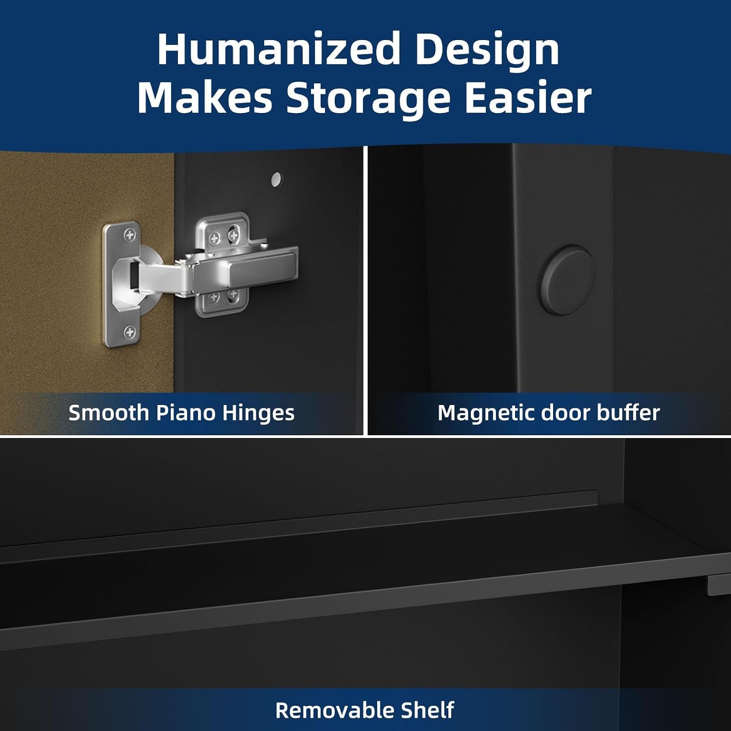 Close-up of metal piano hinge, round magnetic door buffer, and a removable interior shelf in black.