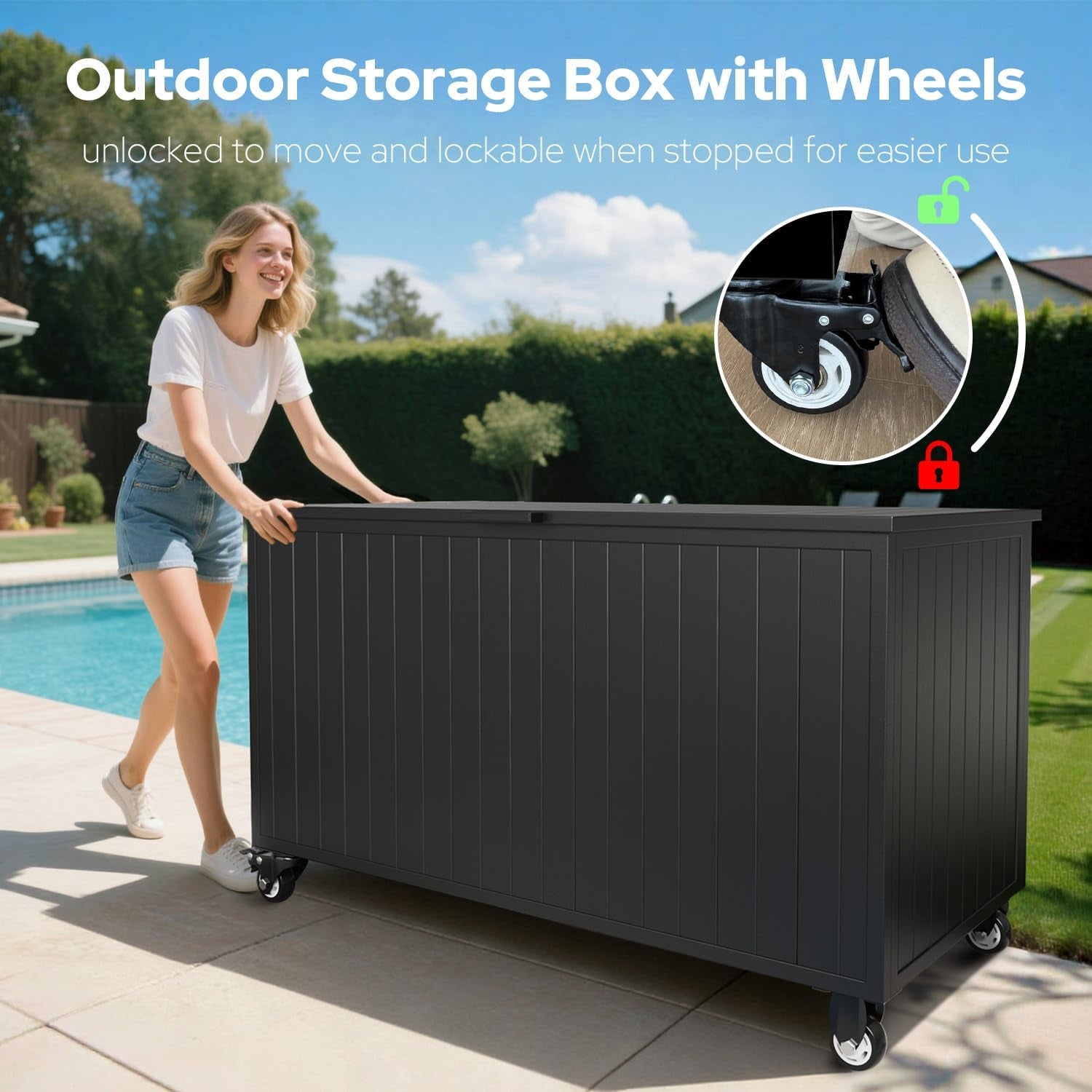 Black outdoor storage box at poolside being pushed by a woman, inset showing a lockable swivel caster