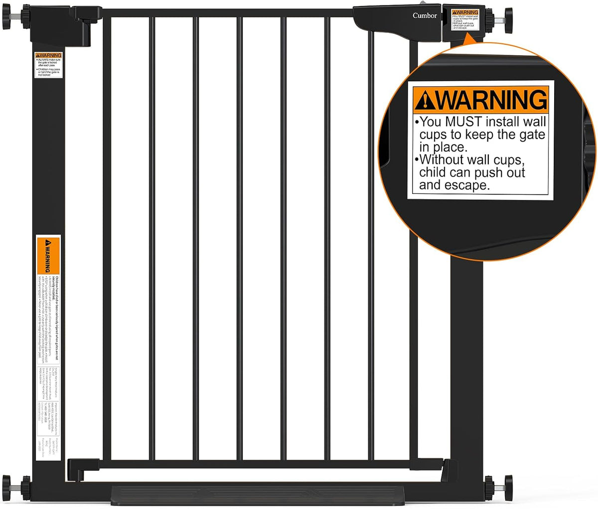 Front view of a black metal safety gate with vertical bars and a circular zoom of a warning label