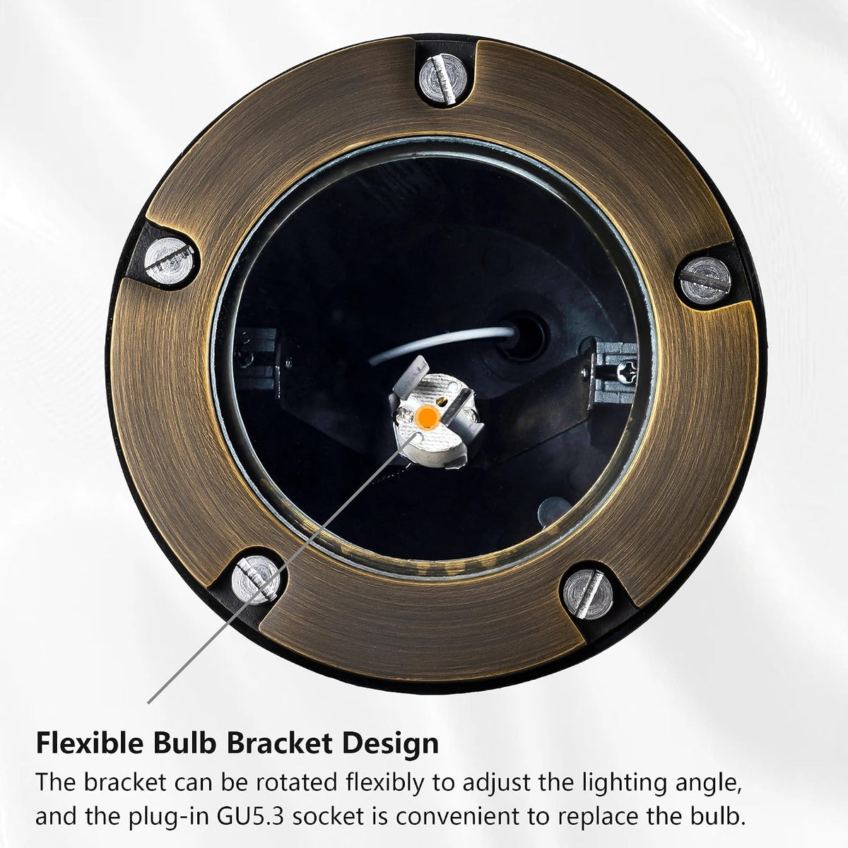 Top-down view into fixture showing the plug-in GU5.3 socket and interior bulb bracket from above