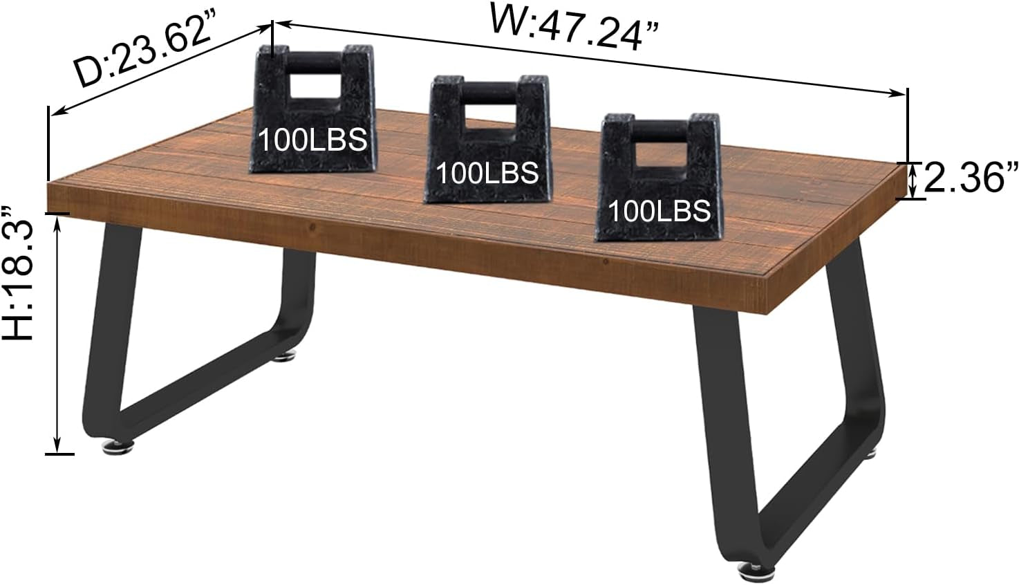 Dimensional diagram showing 47.24" by 23.62" by 18.3" measurements and illustrated 100 lb load markers on the tabletop