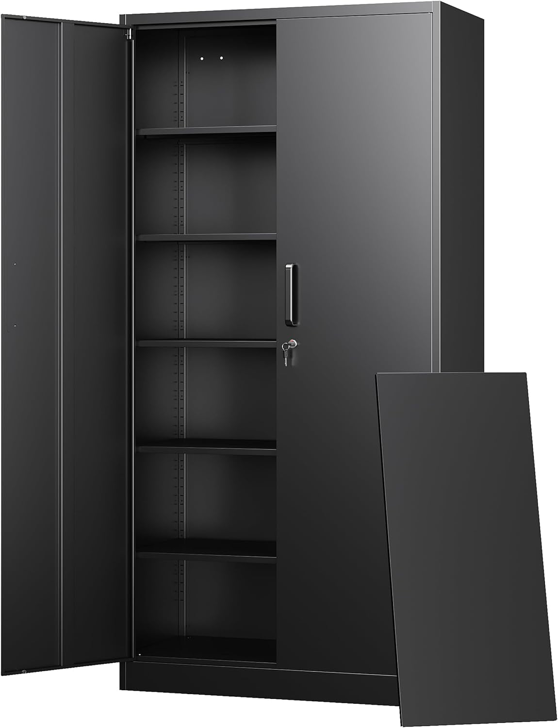 Matte black metal storage cabinet with left door open to show five shelves and a matching black panel leaning against the