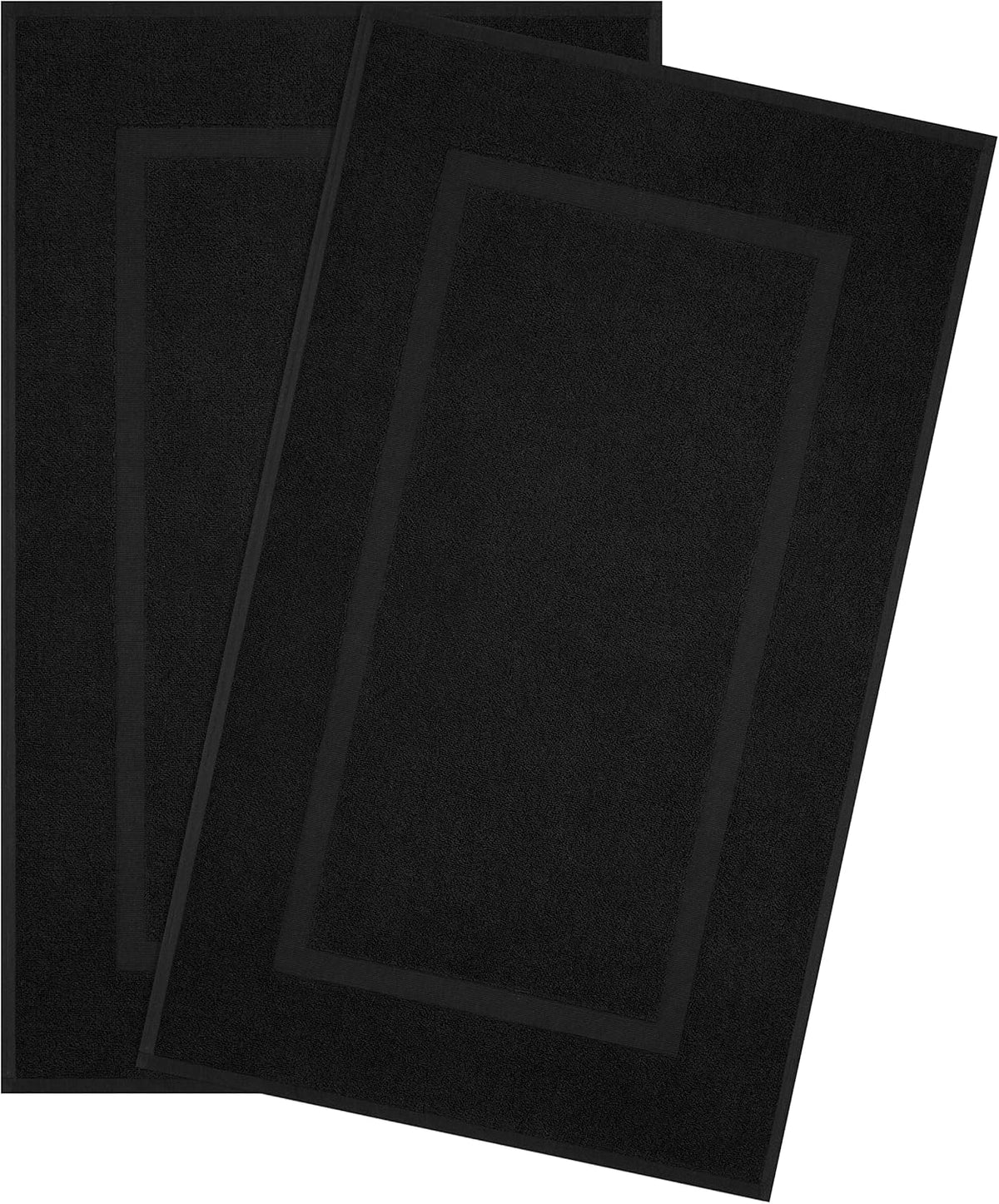 Two black rectangular bath mats overlapped, each with a subtle inset border detail.