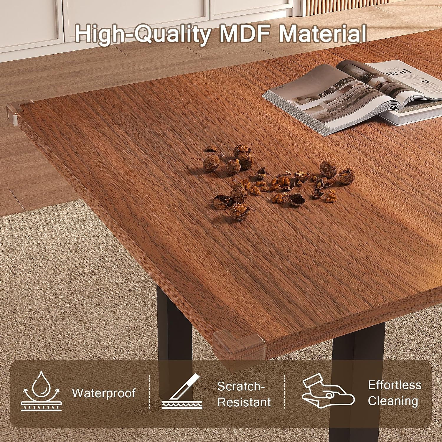 Close-up of a wood-grain tabletop corner with scattered nutshells and an open magazine.