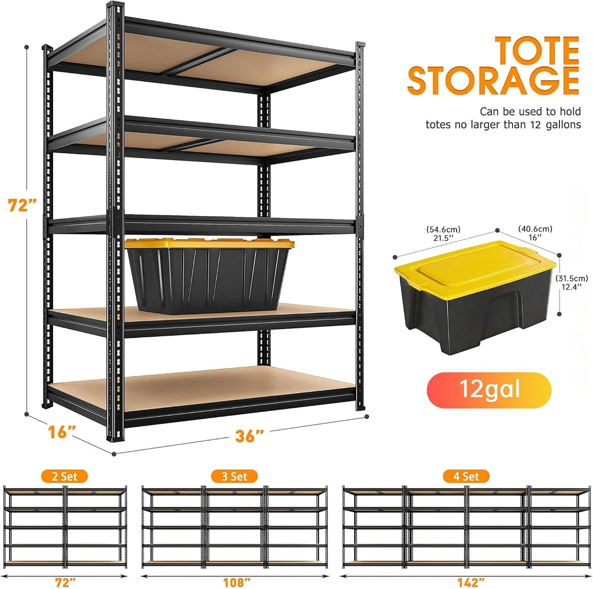 Single black five-tier shelving unit beside a tote size illustration