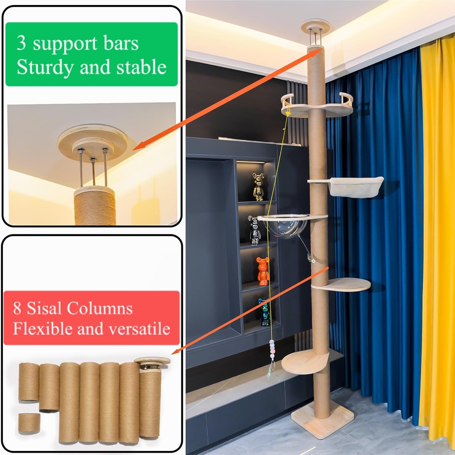 Collage closeups showing three steel ceiling support bars, eight sisal-wrapped columns and wooden springboard platforms