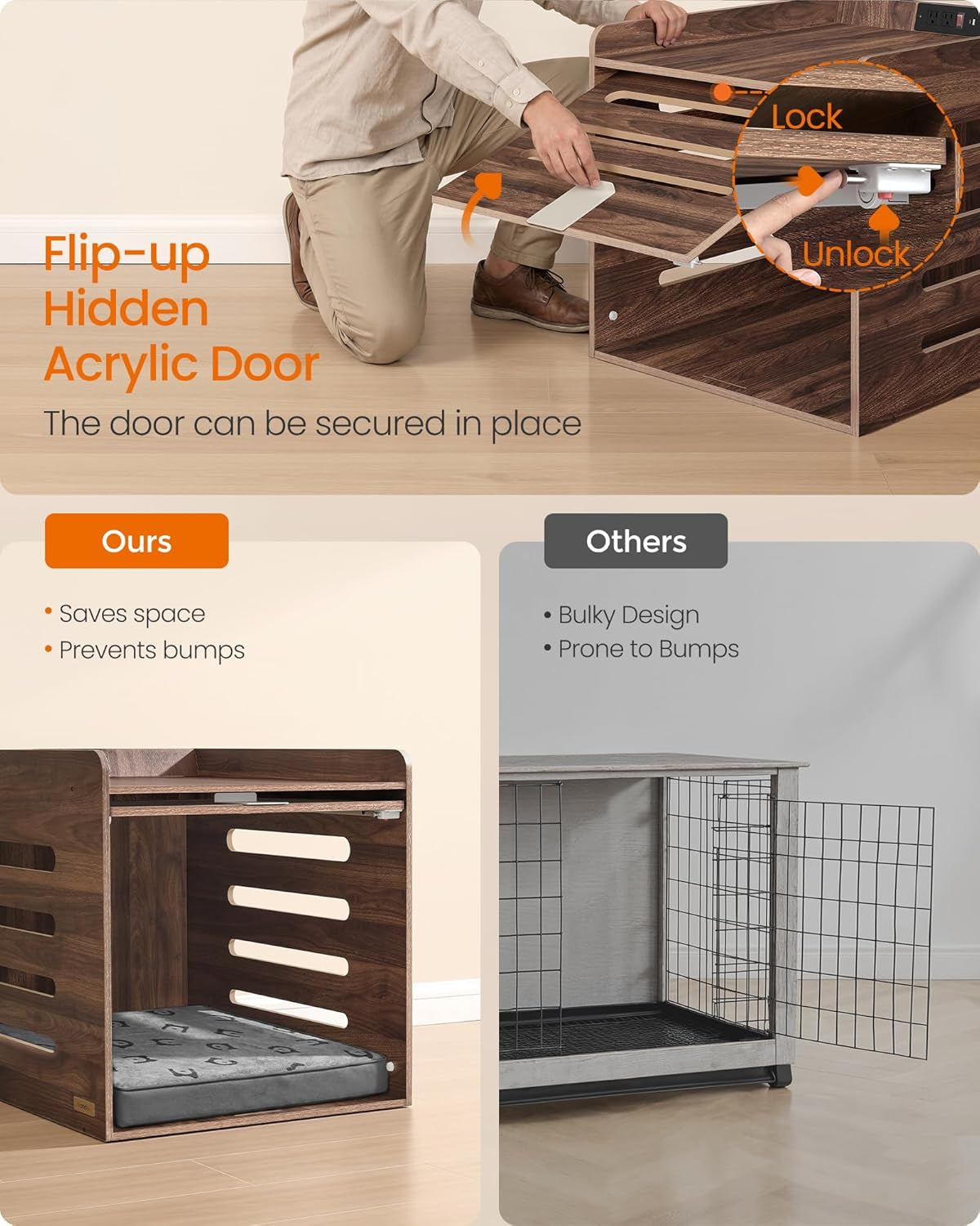 Flip-up hidden acrylic door demonstration with a person pulling up and securing the door on the walnut crate