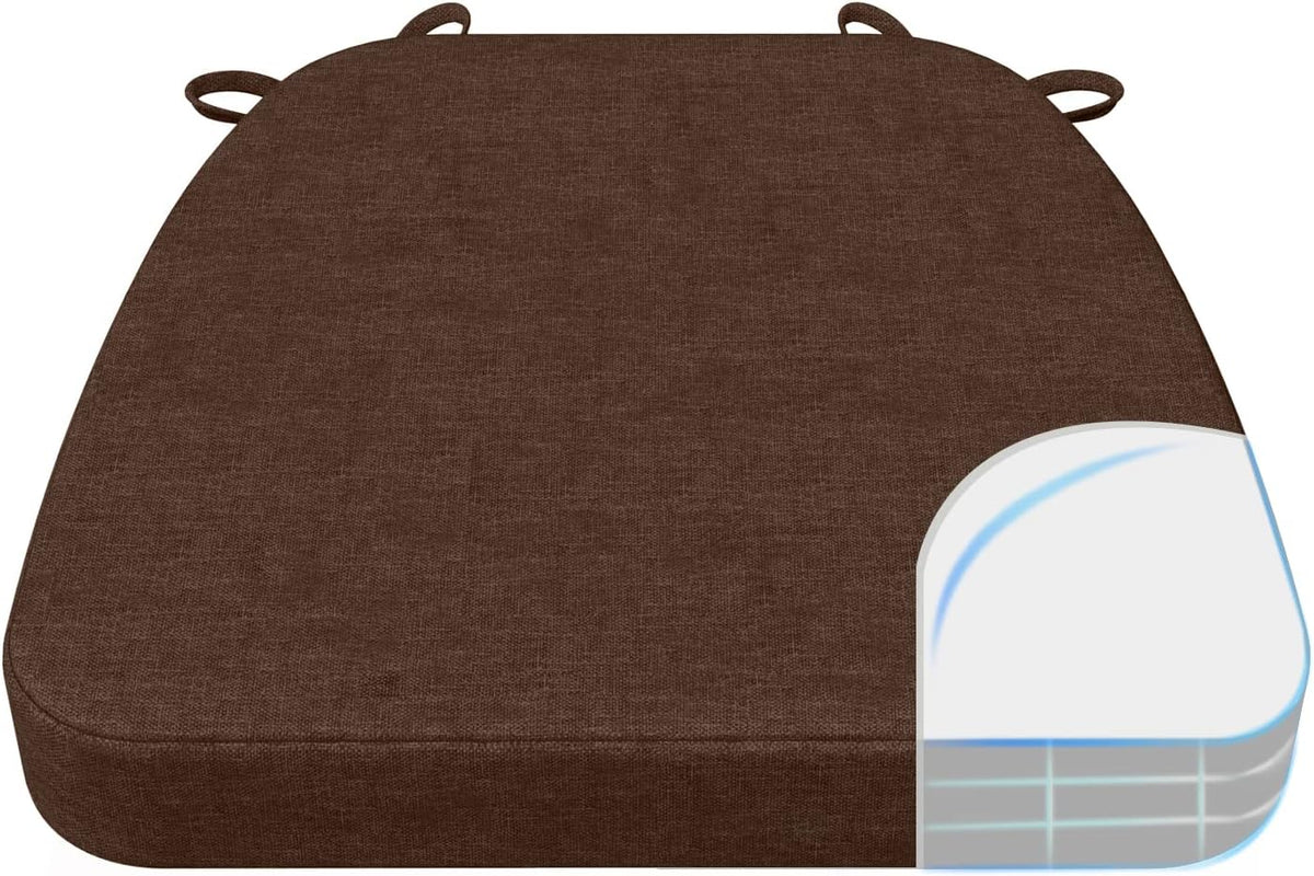 Single brown D-shaped chair cushion shown flat with a corner cutaway illustration exposing layered interior.