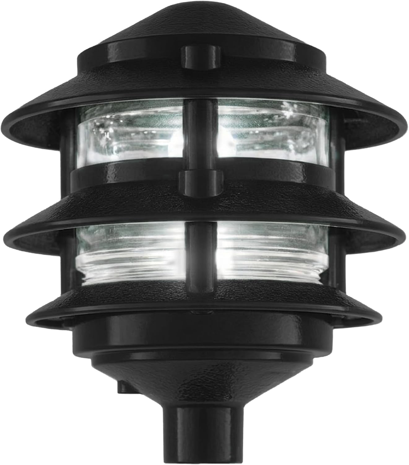 Front view of the pathway light in a matte black finish with illuminated lens