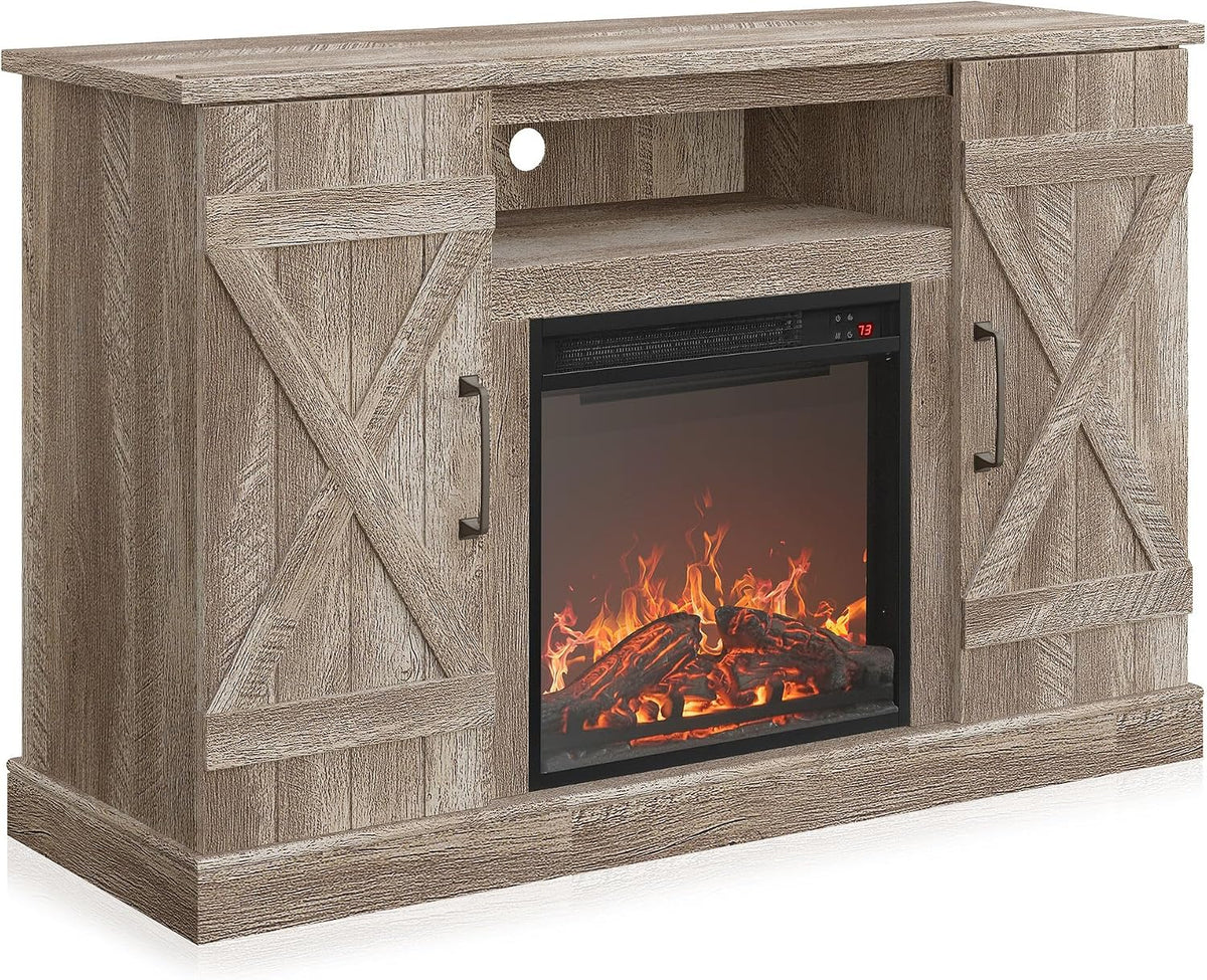 Low-angle view of the stand's corner showing X-panel doors, base molding and a glowing electric fireplace.