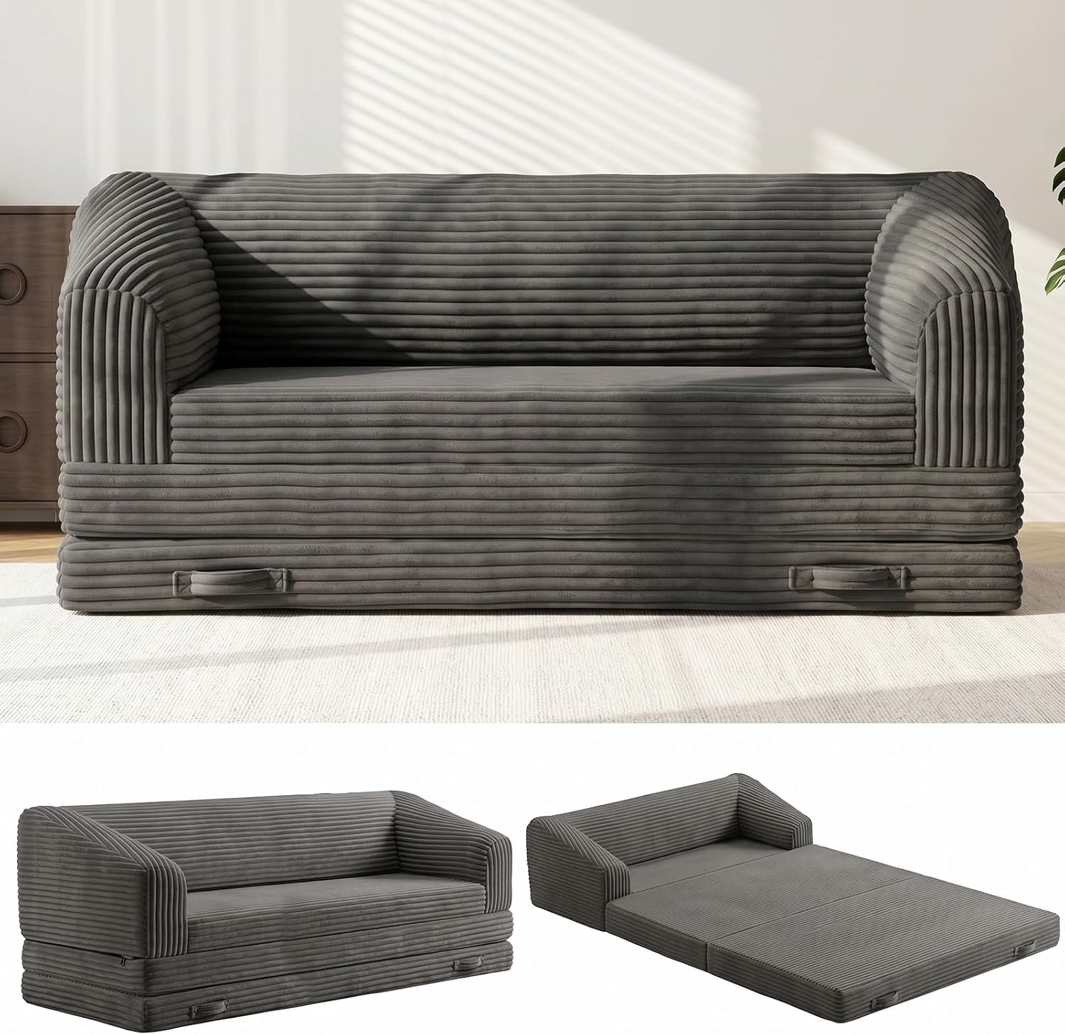 Front view of a charcoal ribbed corduroy foldable loveseat with handles and two small configuration thumbnails below.