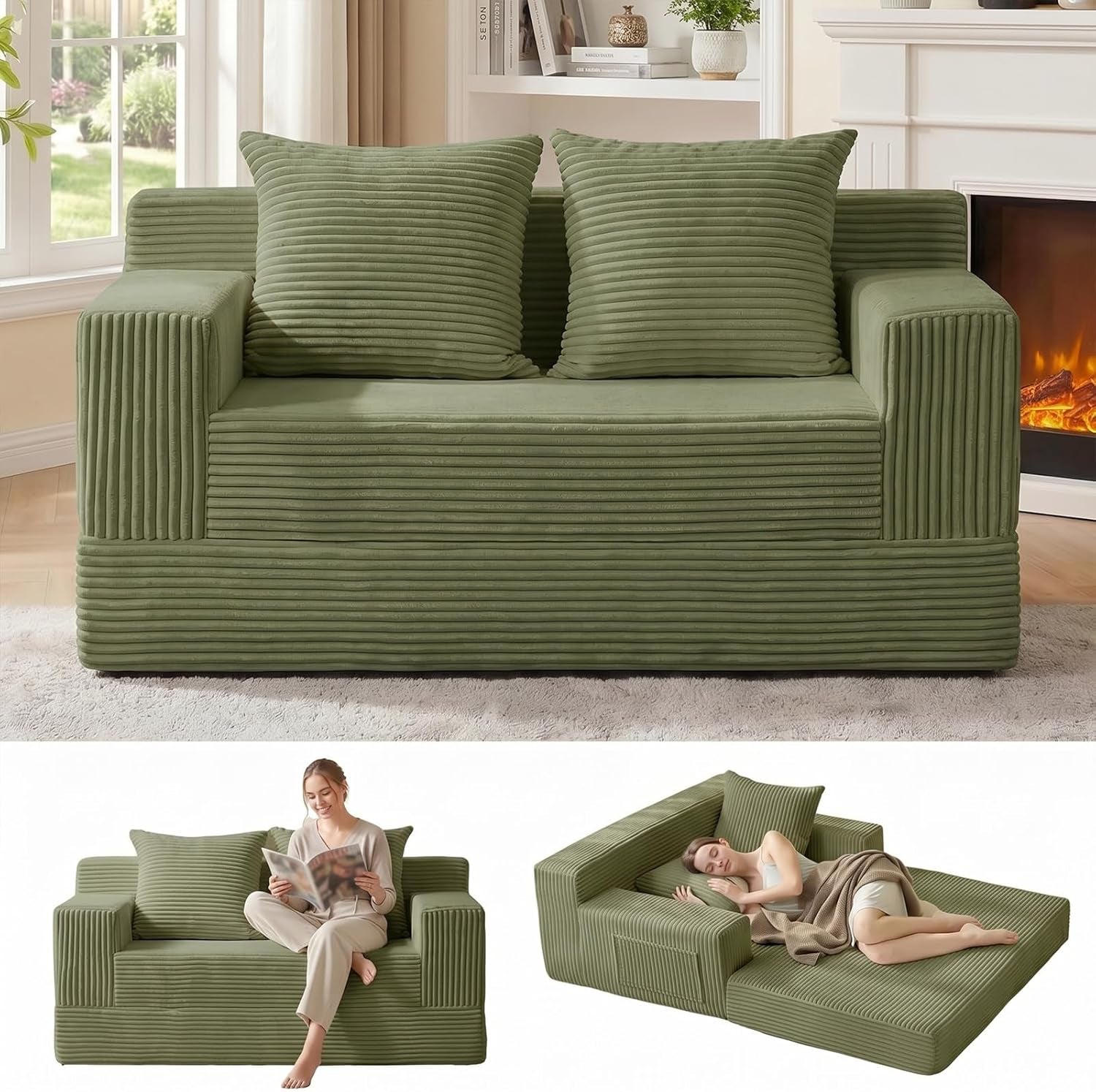 Olive green corduroy folding sofa bed front view with two inset images showing a person seated and the bed configuration.
